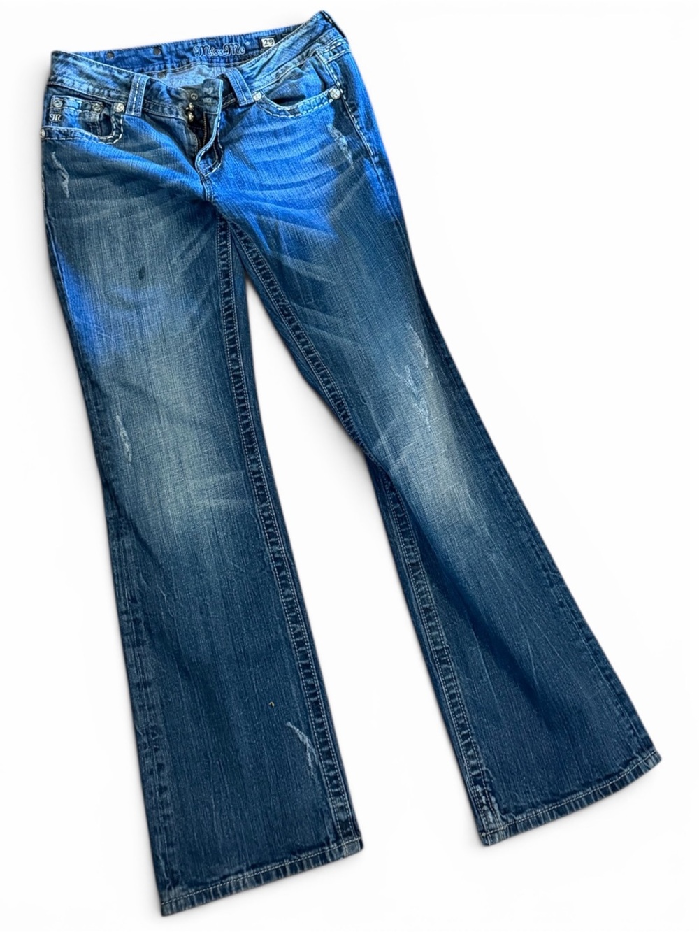 Miss Me Bootcut Jeans Size 29 Medium Wash Rhinestone Flap Pocket Stretch Denim